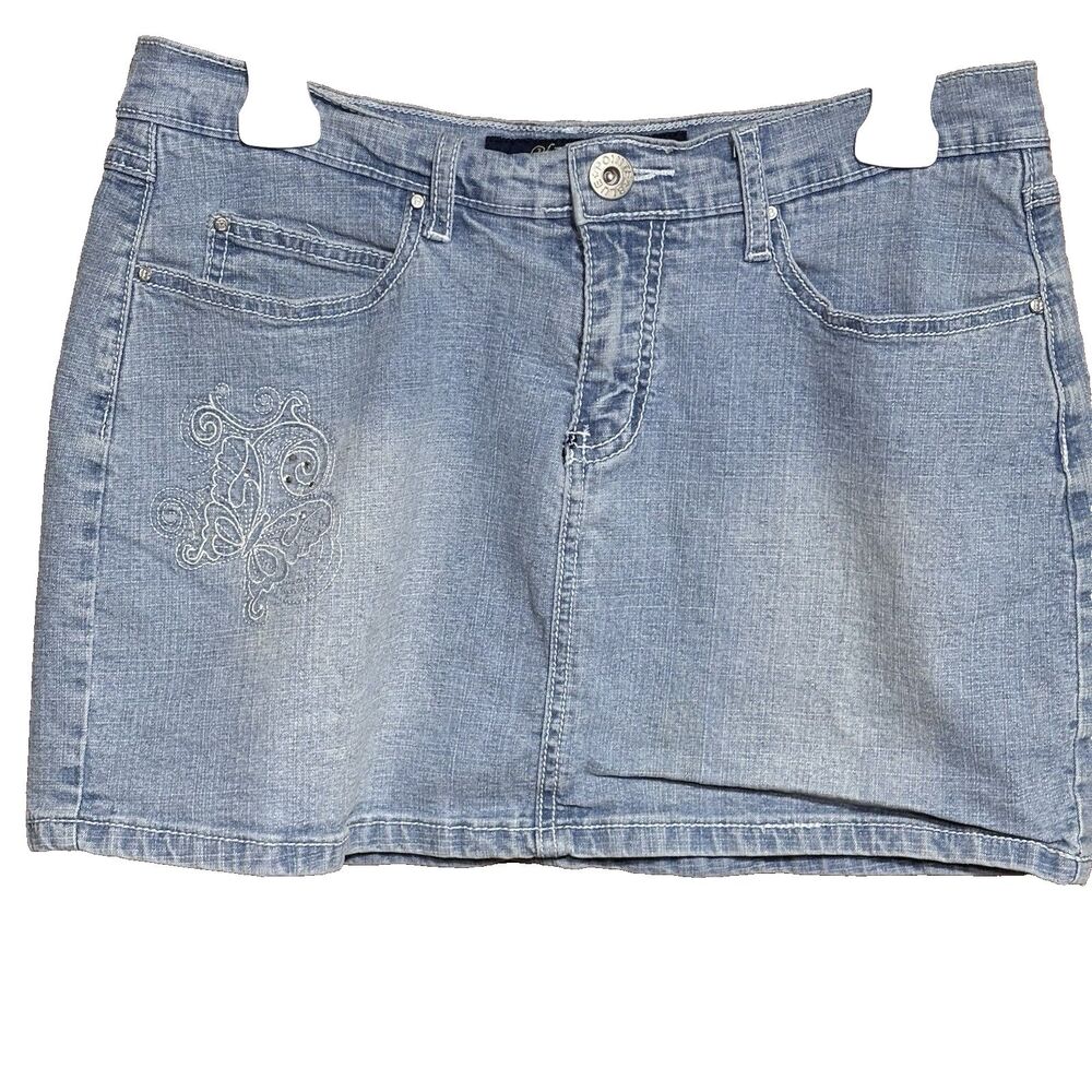 Blue Pointe Denim Jean Mini Skirt Size 11 Silver Butterfly Accents, Cotton/Span